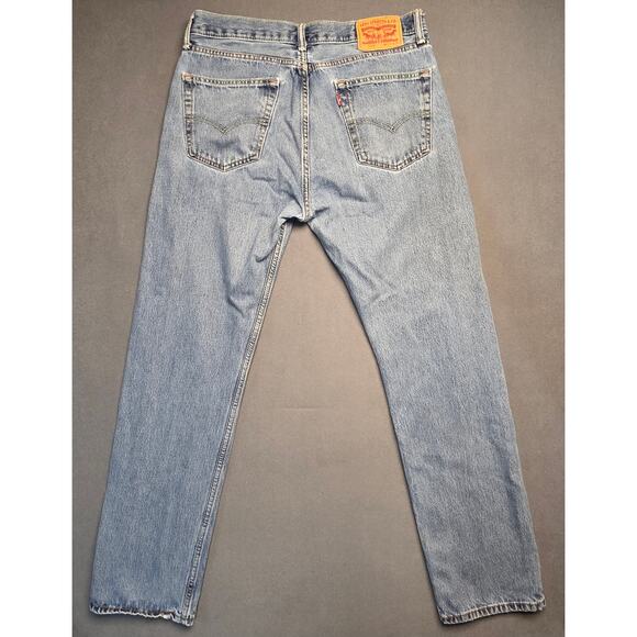 Levis Mens 505 Jeans Sz 33x33 Blue Denim Straight Medium Wash Work Distressed - Picture 4 of 9